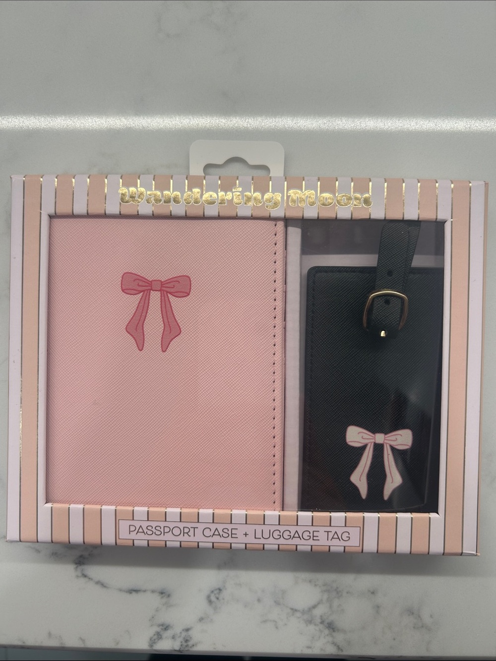 Wandering Moon Pink Black Coquette Bow Ribbon Passport Holder & Luggage Tag